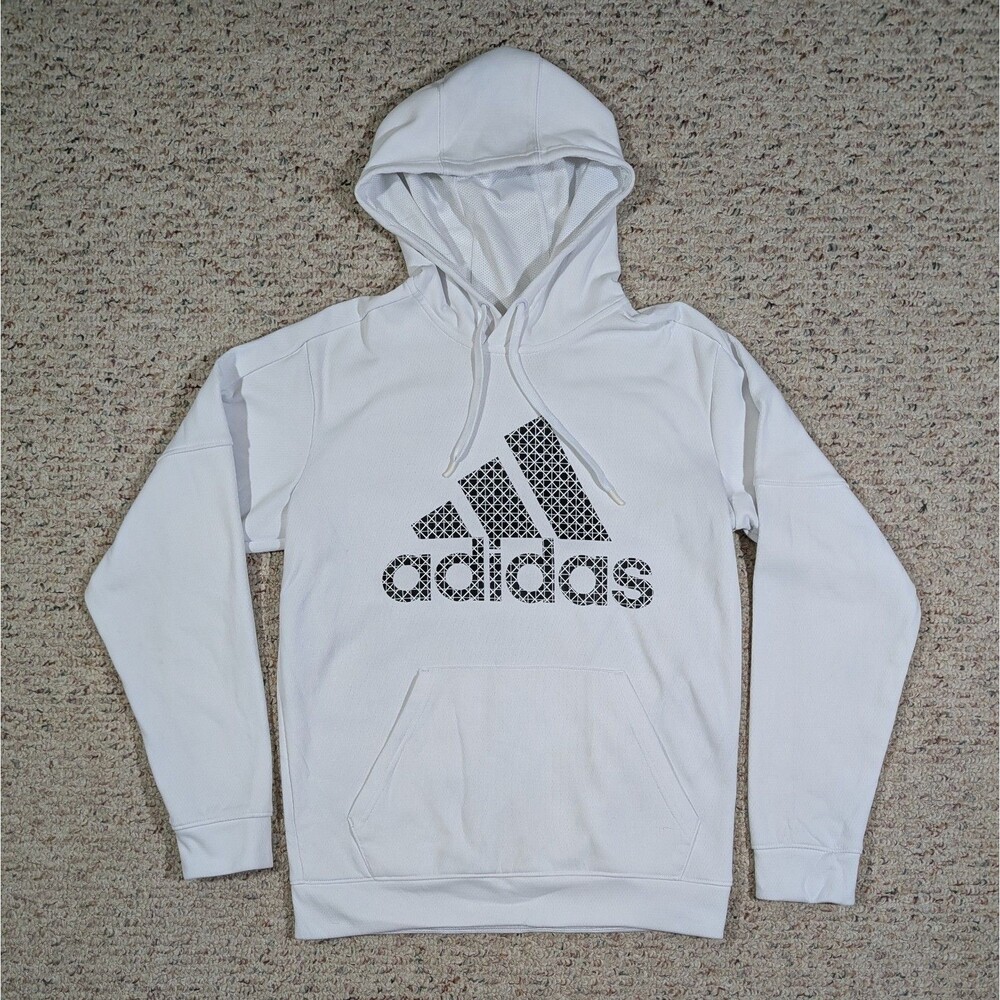 Adidas ClimaWarm Hoodie Mens Med White Pullover Sweatshirt Big Geometric Logo